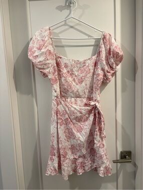 Trixxi Pink Floral Puff-Sleeve Wrap Mini Dress